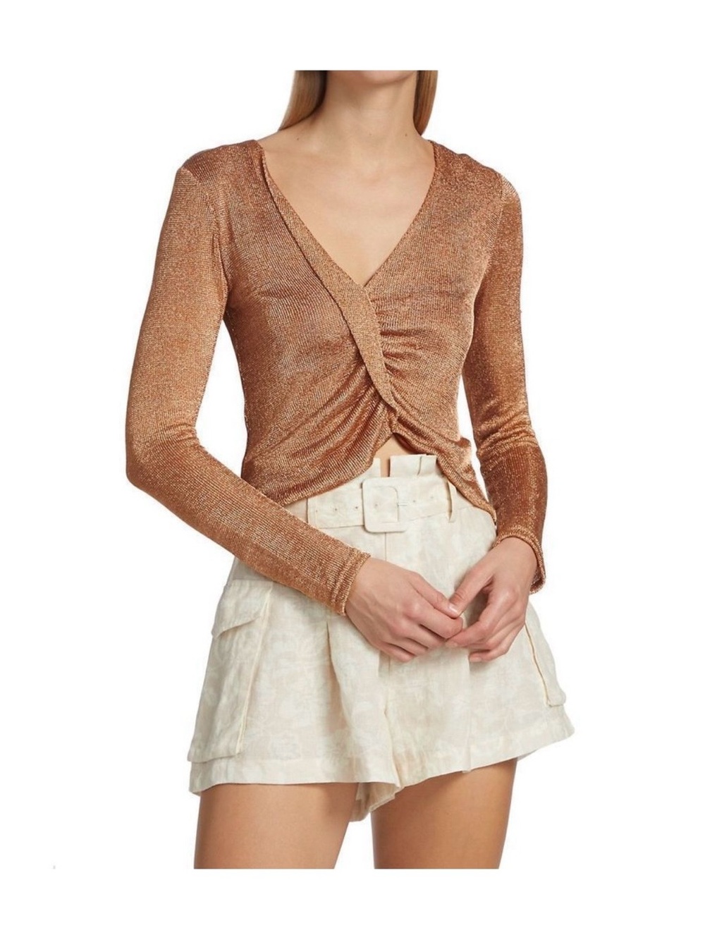 Ramy Brook Bronz Brinley Copper Shimmery Long Sleeve Top Party Glam Metallic